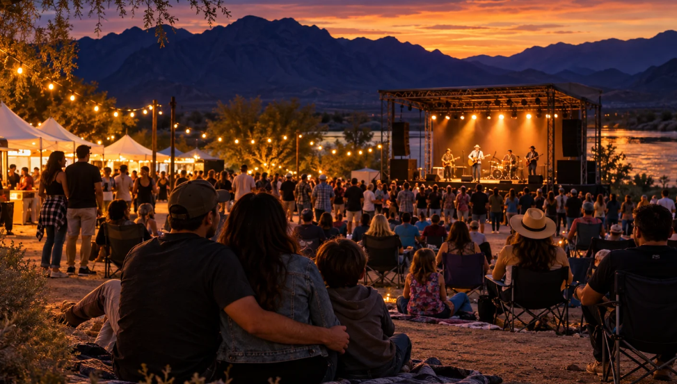 Concept illustration of an outdoor concert beside the Colorado River