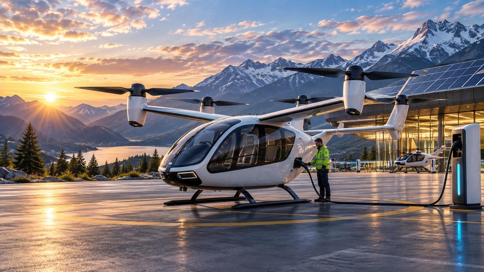 World-first eVTOL vertiport gets the green light - newatlas.com — AI-generated aviation illustration; not the actual aircraft or reported event.